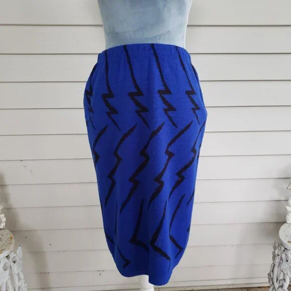 Vintage 80s 2-piece Black Lightning on dark blue knit sweater and skirt set - Picture 3 of 11